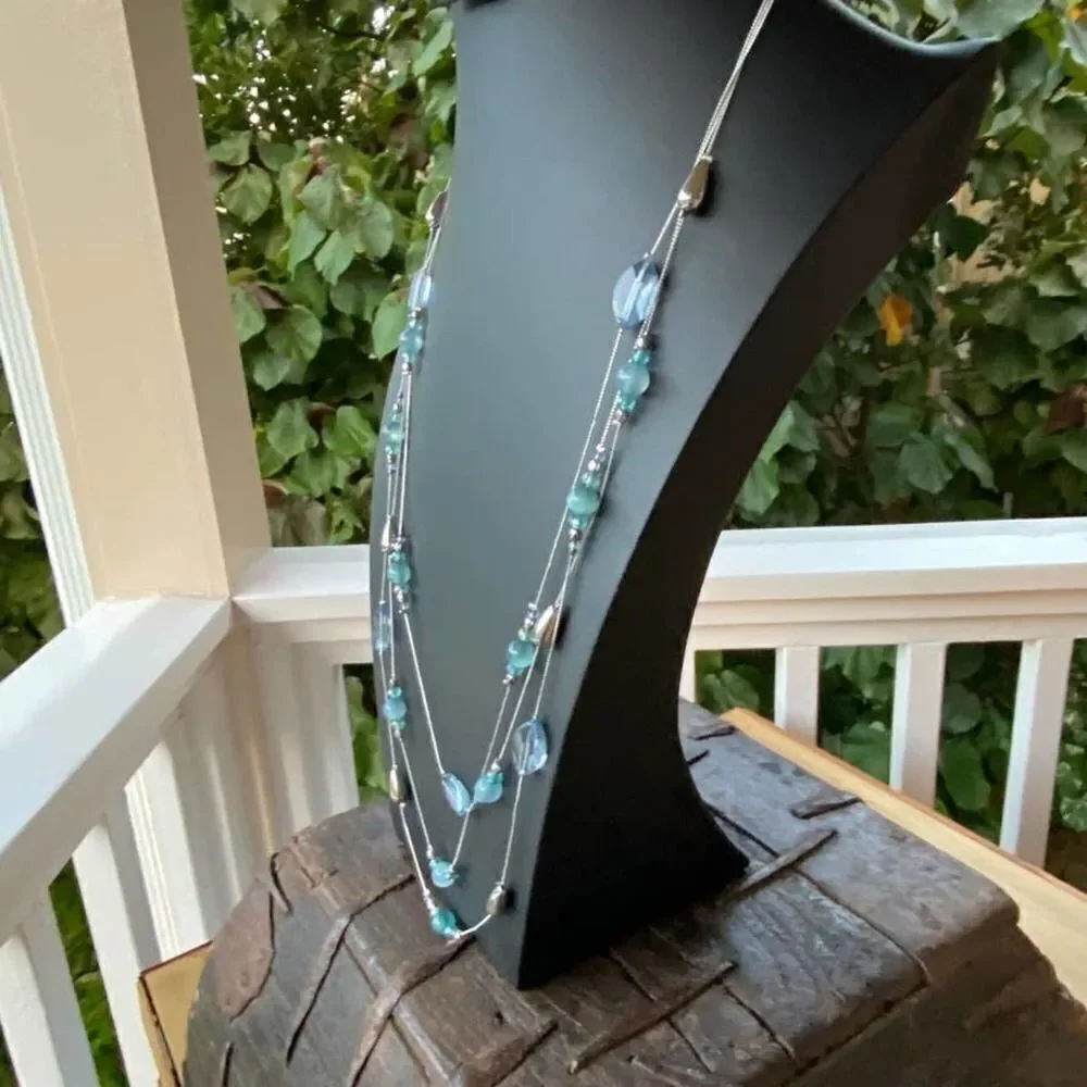 bebe Statement Necklace 3 layers silver sea green